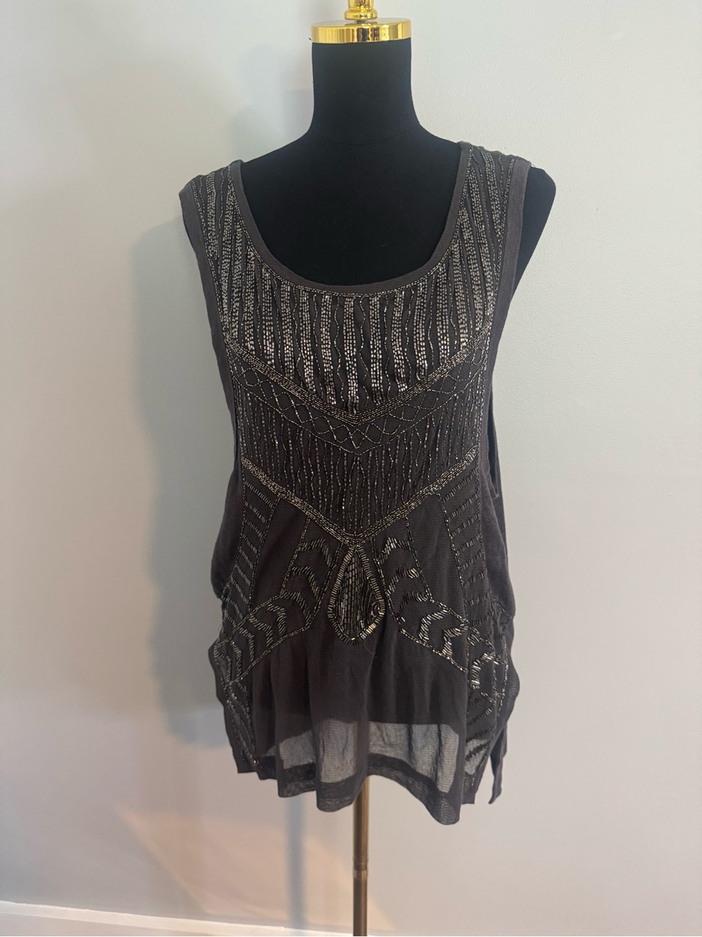 Free People Vintage Like Beaded Tank Top In Gray Size Small
